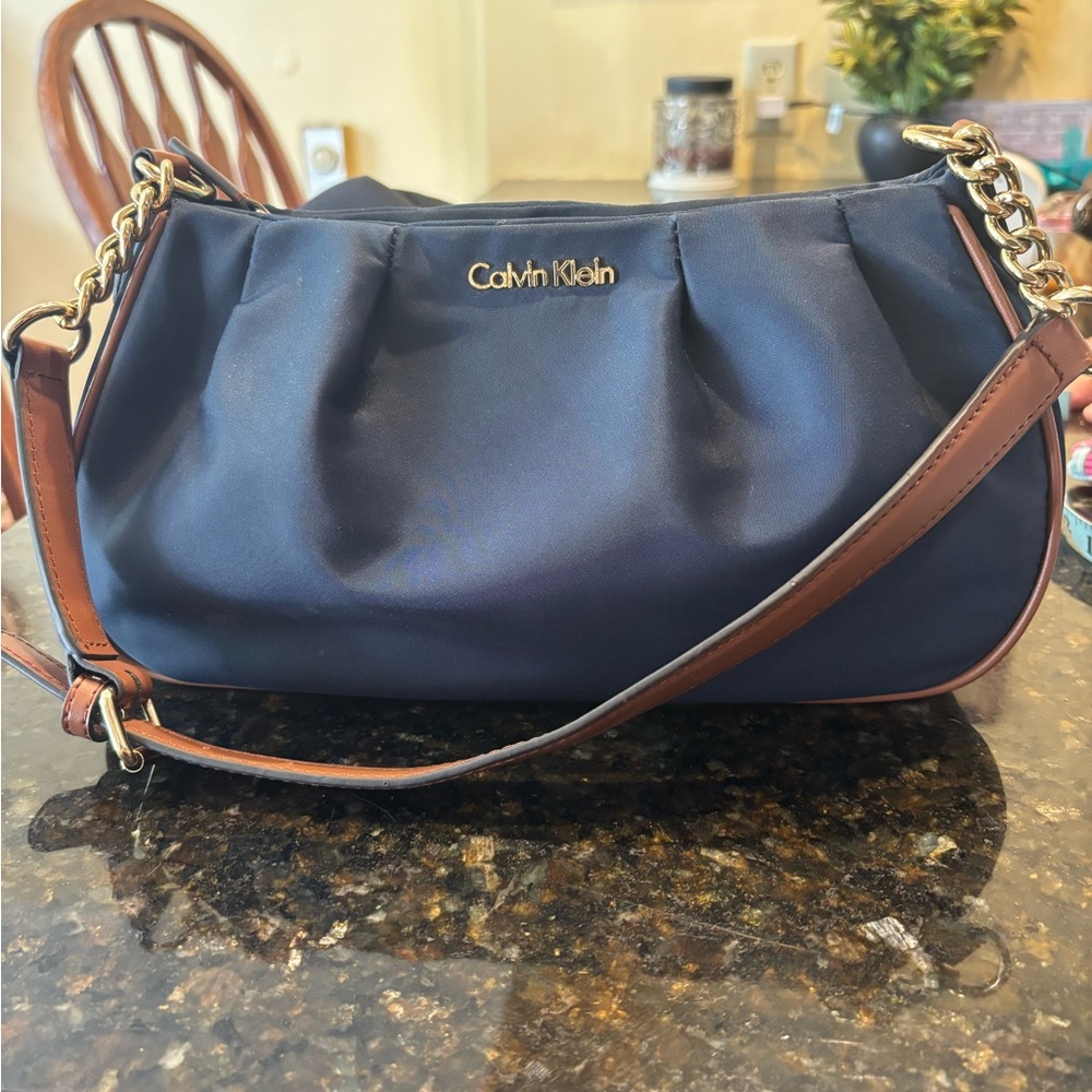 Calvin Klein Blue and Brown Shoulder Bag